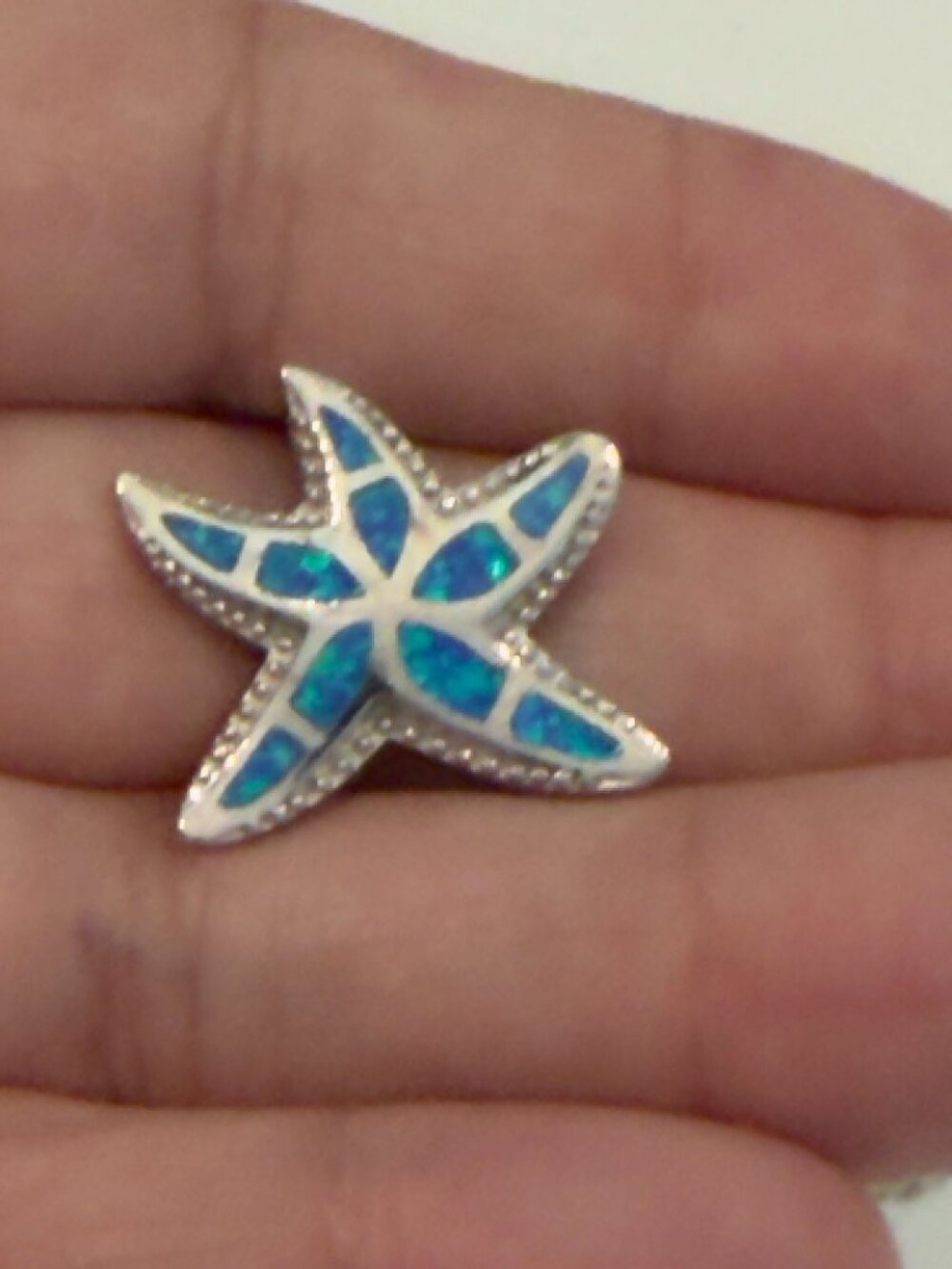 Sterling Silver Blue Opal Inlay Starfish Pendant Ocean Beach Trip Charm